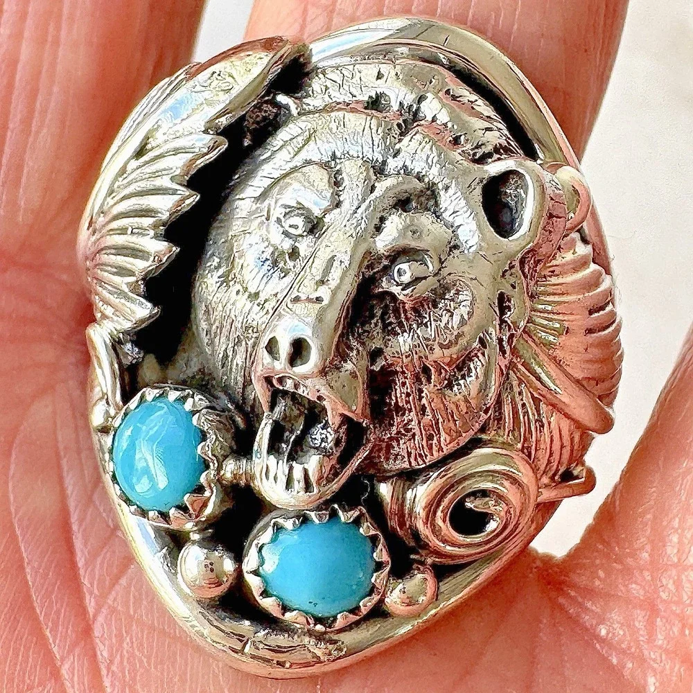 Bear Head Navajo‎ Kingman Turquoise Mens Ring Sz 14 Sterling Signed Sanders